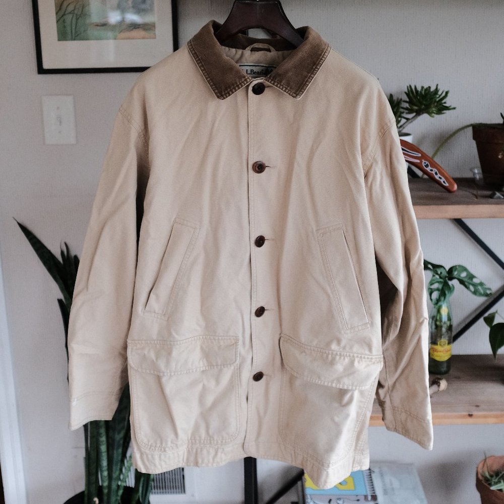VTG LL Bean Tan Chore Coat Canvas Corduroy Collar